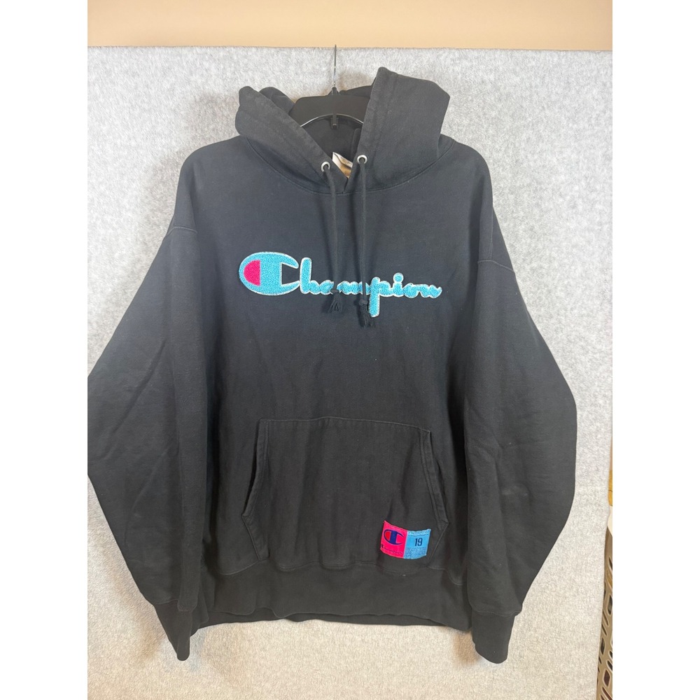 Champion Reverse Weave Black Hoodie Chenille Logo Mens 2XL Pullover Sweatshirt